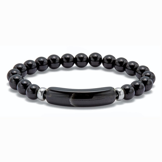 Genuine Black Agate Beaded Silvertone Stretch Bracelet 7-inch, BLACK, hi-res image number 0