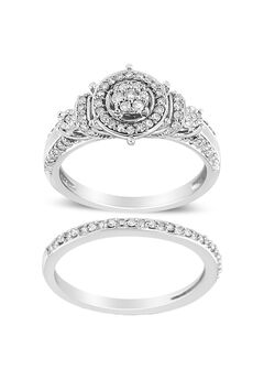 Silver 1/3 Cttw Diamond 7 Stone Cluster And Halo Engagement Set
