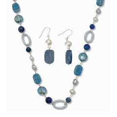 Genuine Blue Sodalite and Cultured Freshwater Pearl Silvertone Jewelry Set