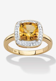 1.85 Tcw Genuine Citrine Diamond Accent 14K Gold-Plated Sterling Silver Halo Ring