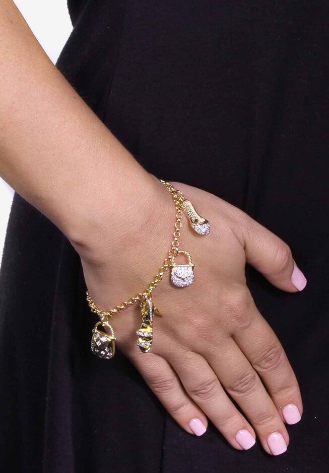 Goldtone Cubic Zirconia Charm Bracelet, 7.5 inches with .5 inches extender, , alternate image number 2