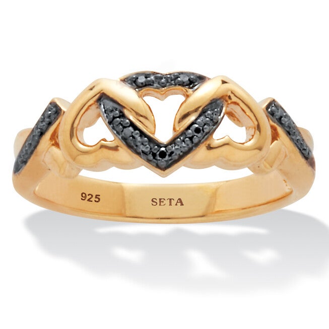Black Diamond Accent 18K Yellow Gold-Plated Sterling Silver Hearts Promise Ring, BLACK, hi-res image number null