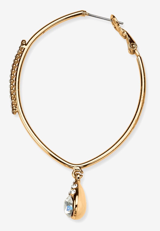 White Crystal Goldtone Hoop Teardrop Earrings (1.5 inches), , on-hover image number 1