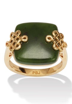 Cushion Cut Genuine Green Jade 18K Yellow Gold-Plated Ring