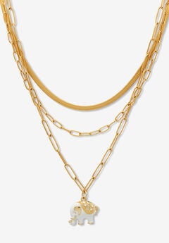 Yellow Gold Ion-Plated Stainless Steel 3-Strand Layered Necklace Set With Elephant Pendant
