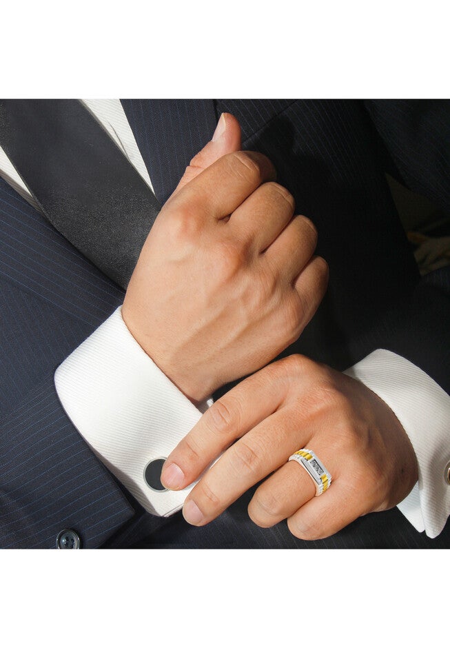 Men'S Yellow Gold Over Silver Diamond Accent Miracle-Set 3 Stone Ridged Band Ring, , alternate image number 5