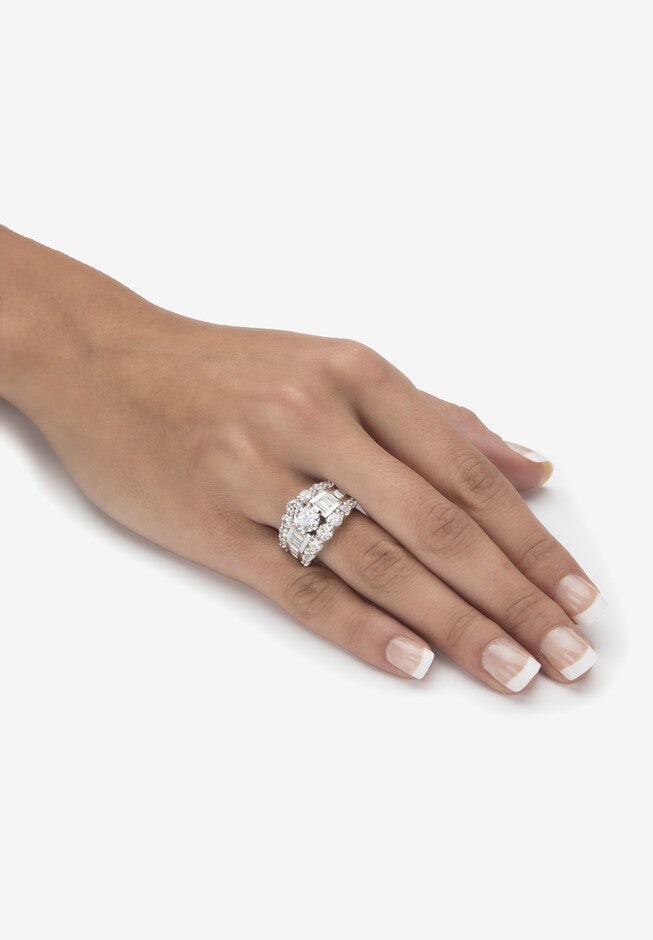 6.40 Cttw. Round And Baguette Sterling Silver Cubic Zirconia Engagement Ring, , alternate image number 2