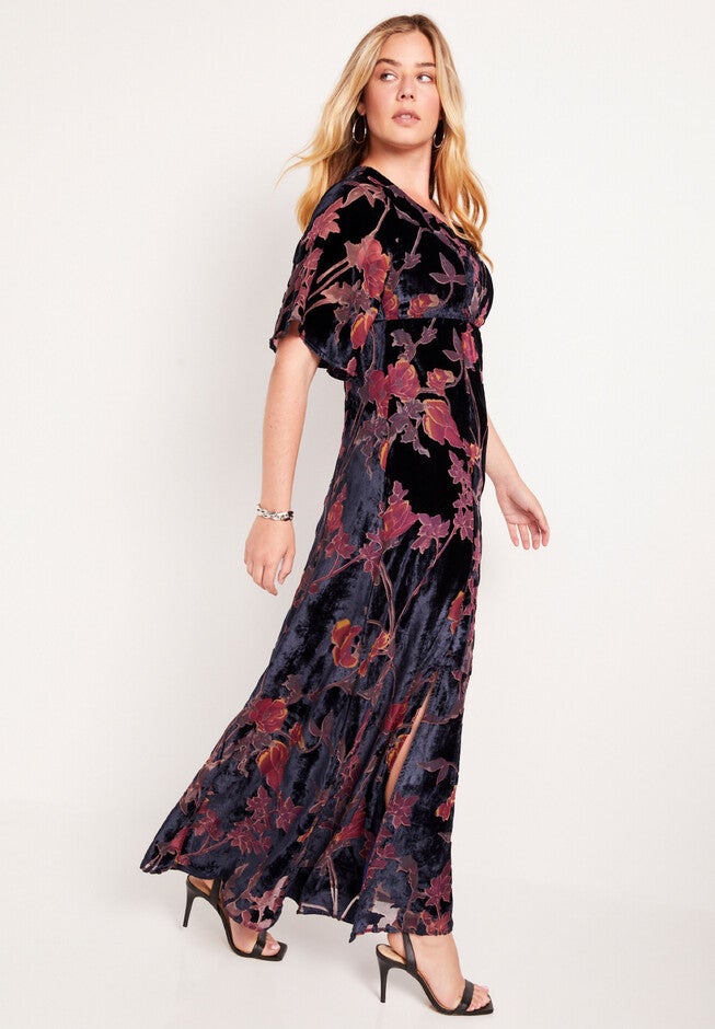 Burnout Velvet Maxi Dress with Flutter Sleeves, Navy Floral | Woman Within Burnout Velvet Maxi Dress with Flutter Sleeves, Navy Floral | Woman Within