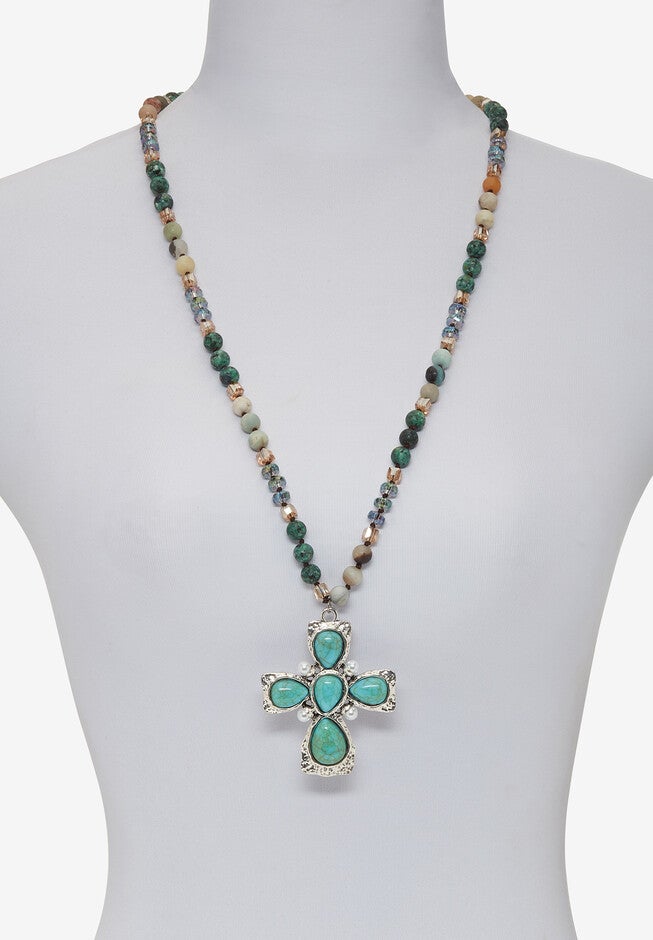 Genuine Jasper, Amazonite And Freshwater Pearl Silvertone Cross Necklace 32 Inch, , alternate image number 3