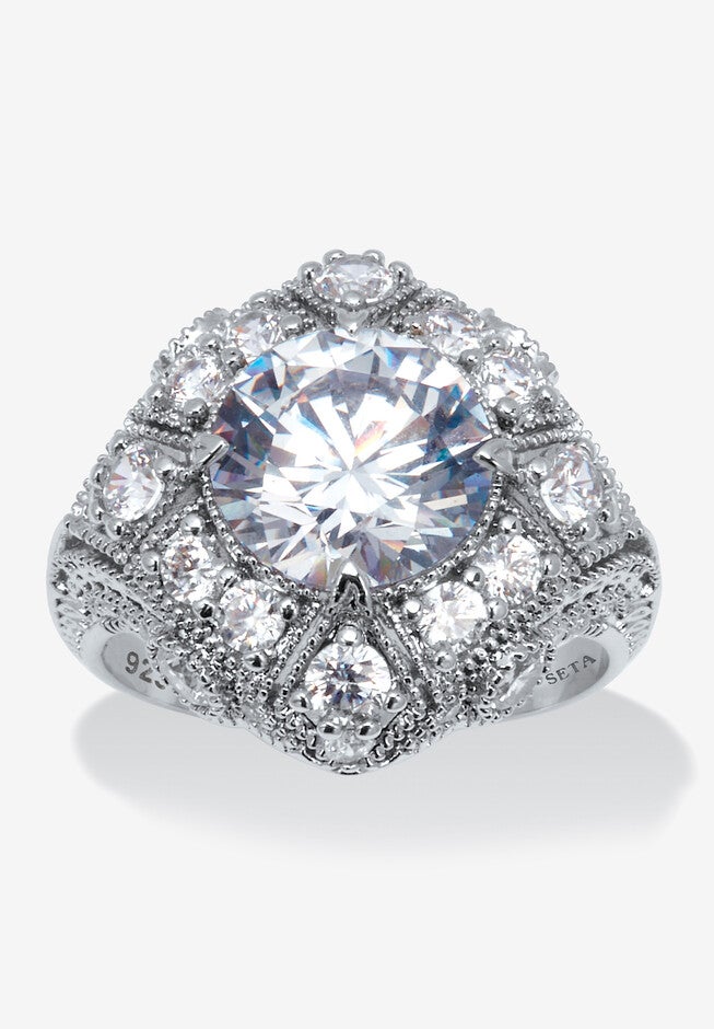 5.50 Tcw Round Cubic Zirconia Platinum-Plated Sterling Silver Cluster Ring, SILVER, hi-res image number 0