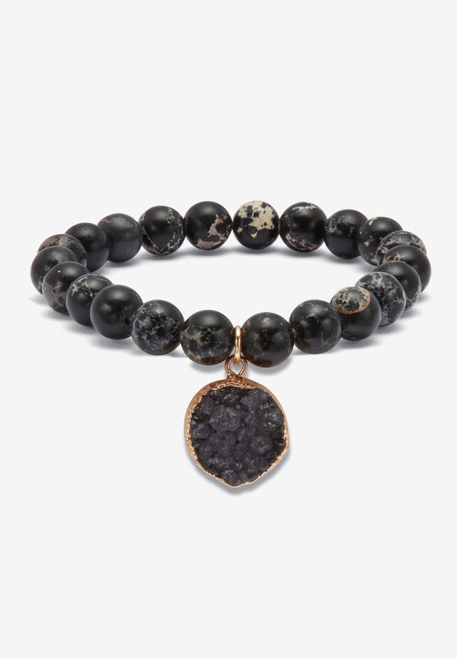 Natural Black Onyx And Genuine Agate Goldtone Necklace And Bracelet Set, 34 Inch, , on-hover image number 1