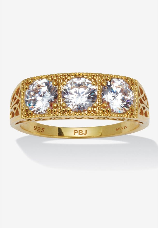 4.50 Tcw Round Cubic Zirconia Yellow Gold-Plated Sterling Silver 3-Stone Ring, WHITE, hi-res image number null