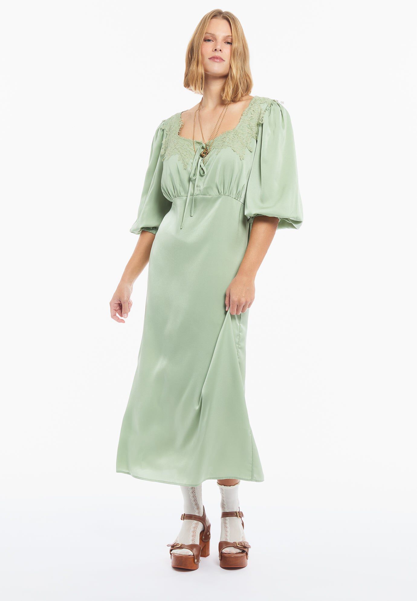 Lace-Trim Satin Midi Slip Dress