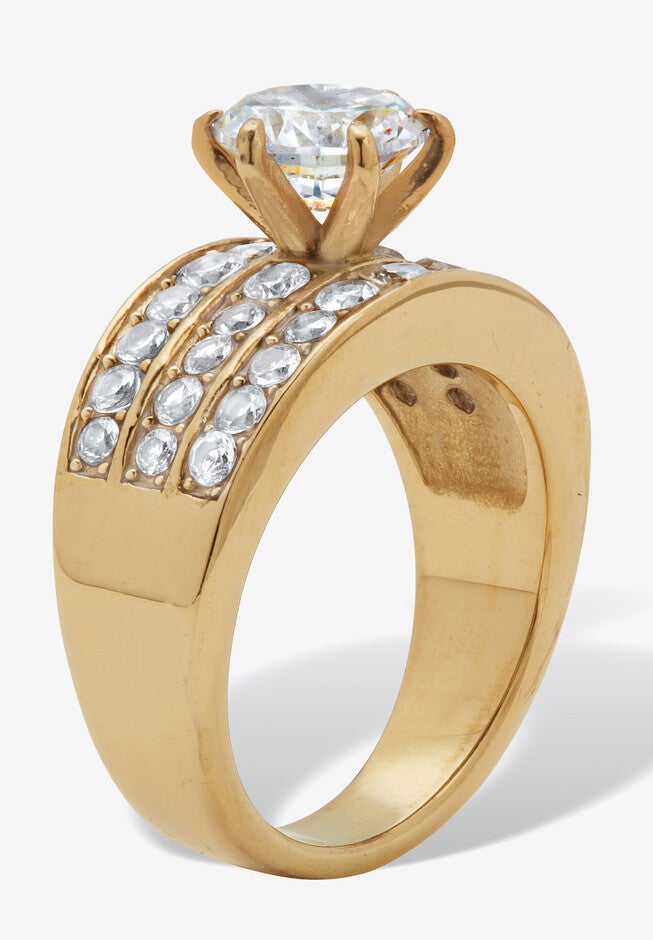 3.18 Tcw Round Cz Gold Ion-Plated Stainless Steel Three Row Pave Engagement Ring, , on-hover image number null