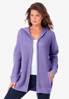 Plus Size Waffle Knit Zip-Front Relaxed Hoodie