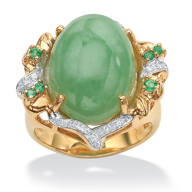 .28 TCW Emerald, CZ and Jade Ring in Gold-Plated .925 Sterling Silver, GREEN, hi-res image number 0