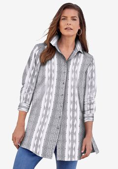Plus Size Kate Long Sleeve Tunic Easy Cotton-Blend Button-Front Shirt