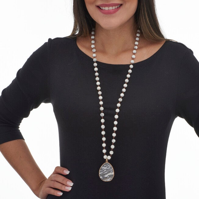 Genuine Grey Agate and Howlite Goldtone Pendant Necklace 34-inch, GRAY, alternate image number 2