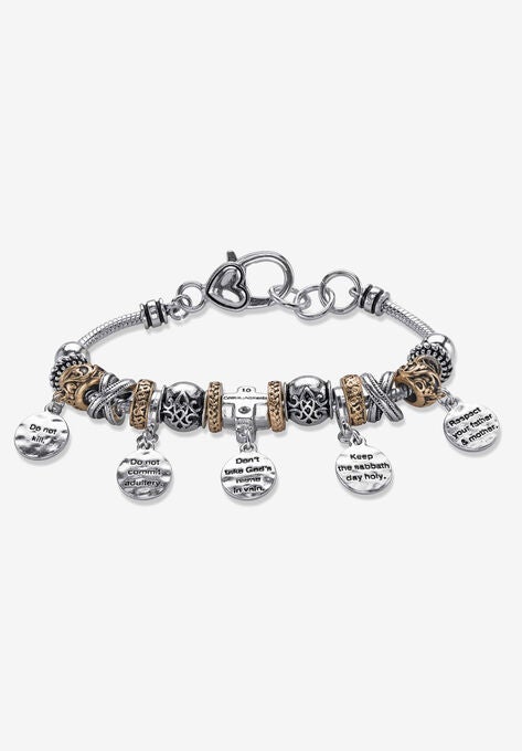Silver Tone 10 Commandments Charm Bracelet Lucite 7.5" plus 1" ext, SILVER, hi-res image number null