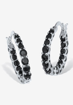 Round Black Crystal Silvertone Hoop Earrings 26Mm