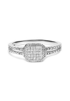 Silver 1/4 Cttw Princess-Cut Diamond Composite Ring With Beaded Halo