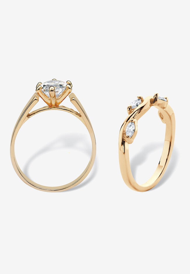 2.88 Cttw. Cubic Zirconia Gold-Plated Solitaire And Vine Wedding Ring Set, , on-hover image number 1