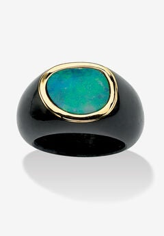 Genuine Blue Opal And Black Jade 10K Yellow Gold Bezel-Set Cabochon Ring