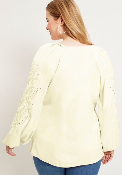 Embroidered V-Neck Wrap Blouse, , on-hover image number null