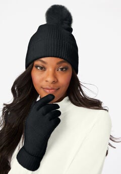 Faux Fur-Lined Beanie Hat and Glove Set.