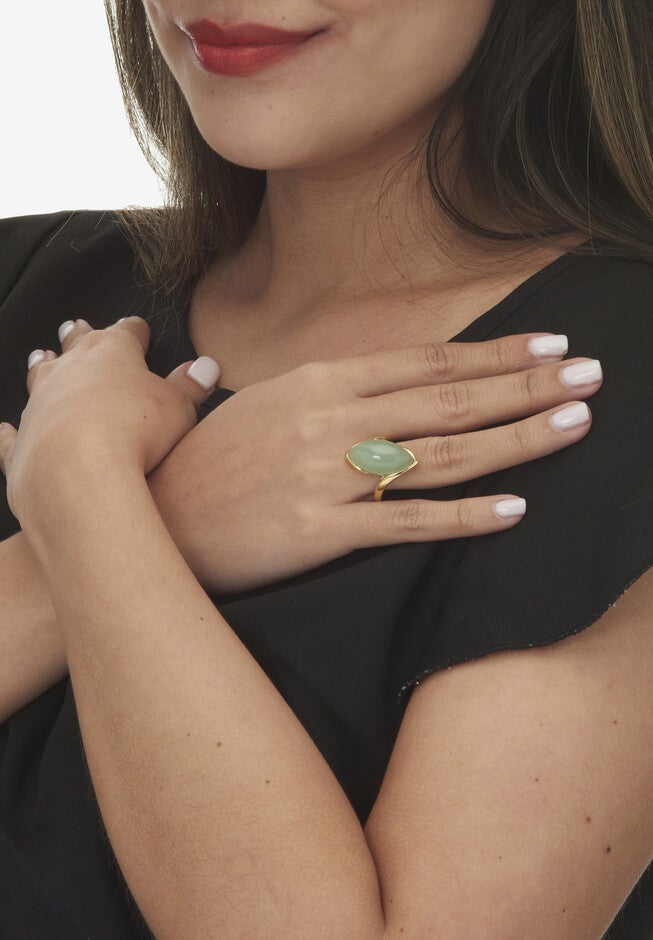 Marquise-Cut Genuine Green Jade Gold-Plated Sterling Silver Cabochon Bypass Ring, , alternate image number null