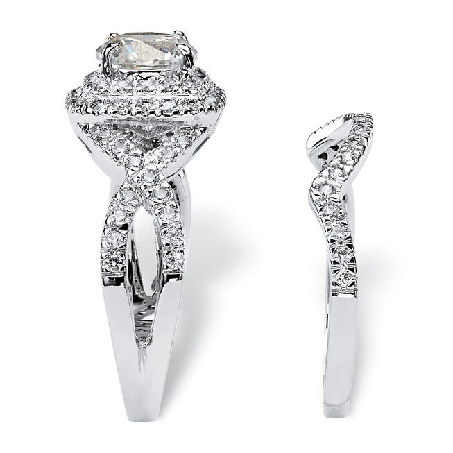 2.20 TCW CZ Two-Piece Halo Bridal Ring Set in Platinum-plated Sterling Silver, WHITE, on-hover image number 1
