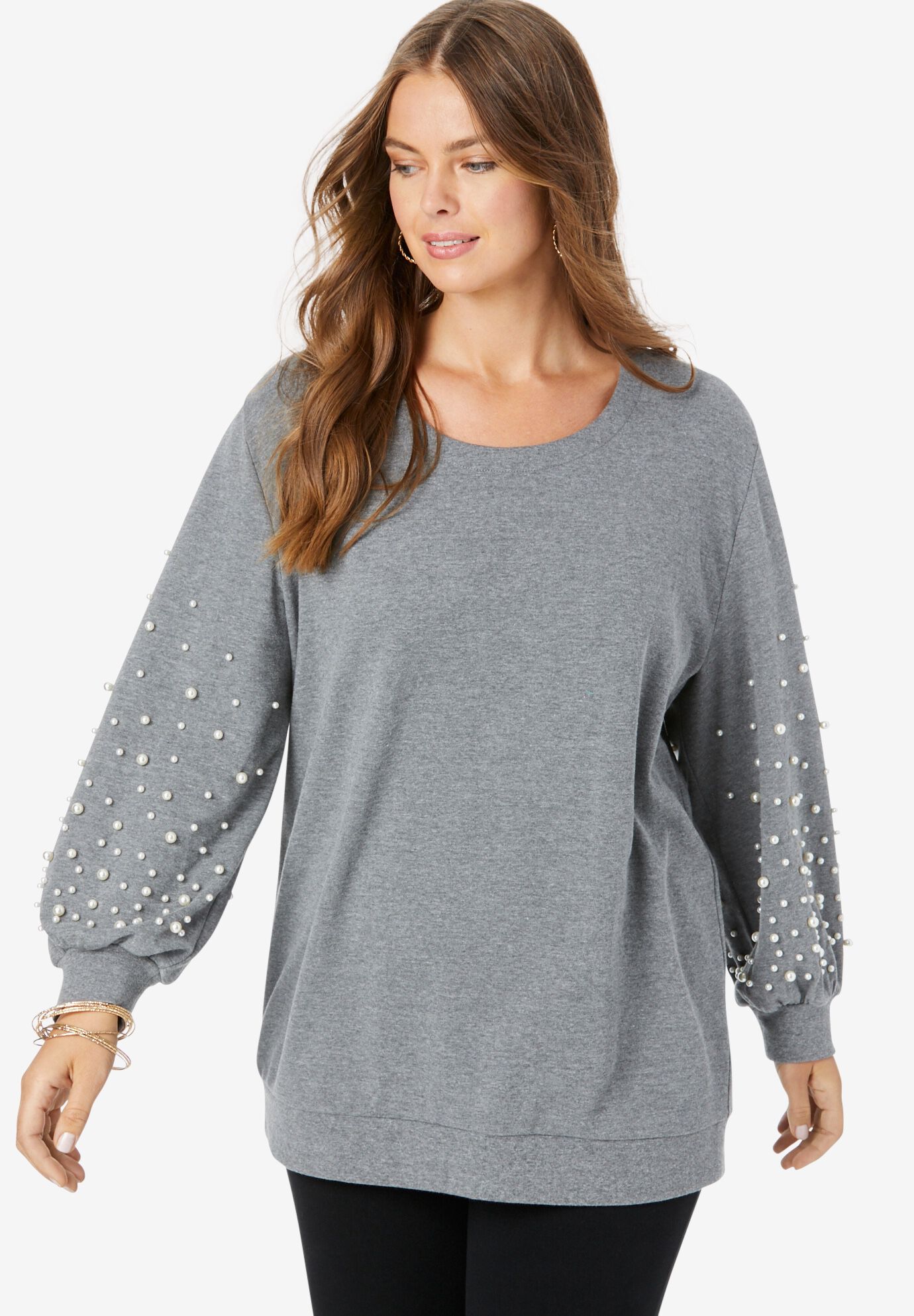 Embellished Sweatshirt Tunic, MEDIUM HEATHER GREY SCATTERED PEARL, hi-res image number 0