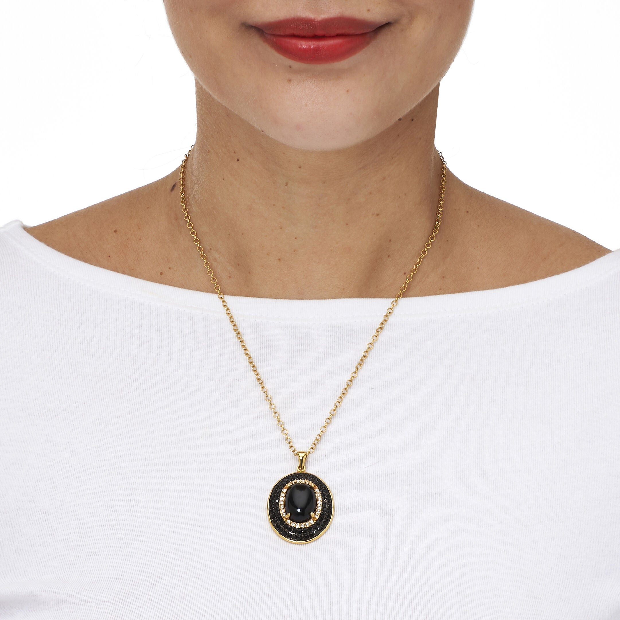 2.58 TCW Oval Genuine Onyx and Cubic Zirconia Gold-Plated Pendant 20 inch, BLACK, alternate image number 2