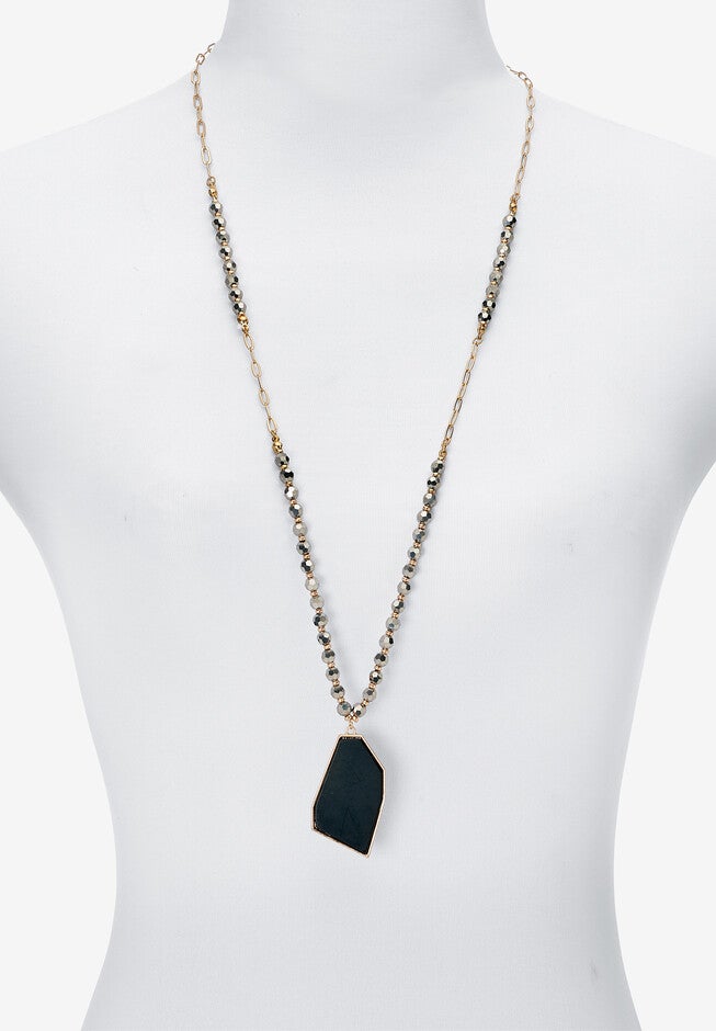 Black Crystal Pendant Goldtone Drop Necklace 34-inch, , alternate image number null