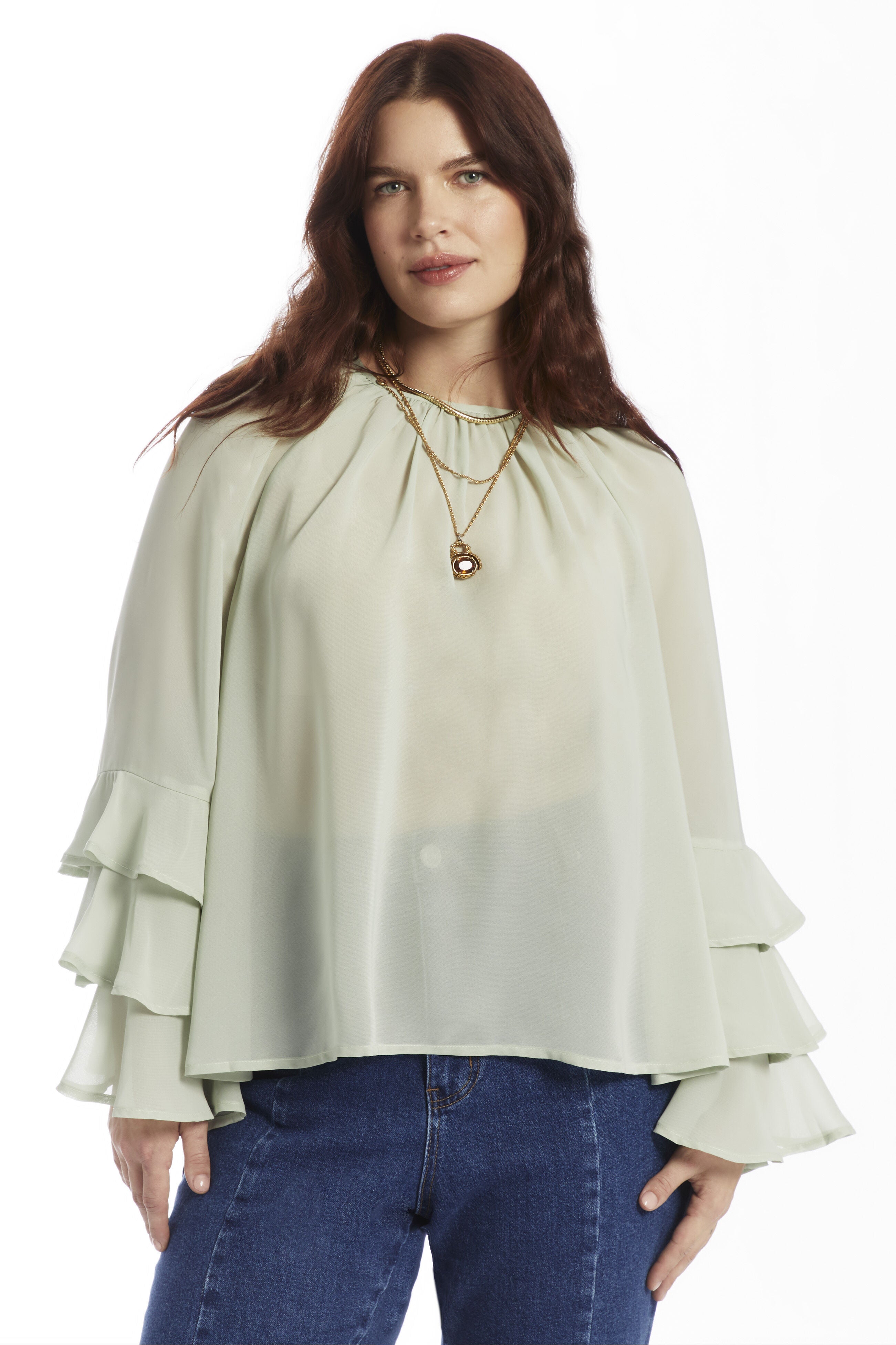 Ruffled Paisley Chiffon Blouse, MERCURY, on-hover image number 1