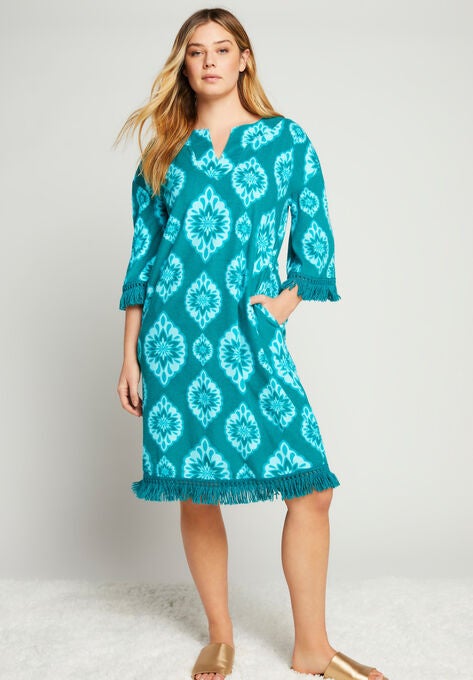 Boho Terry Boardwalk Shirtdress, TROPICAL TEAL MEDALLION, hi-res image number null