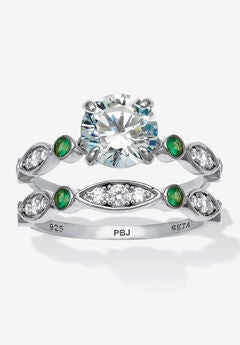 2.52 Tcw White And Green Cubic Zirconia Platinum-Plated Silver Bridal Ring Set