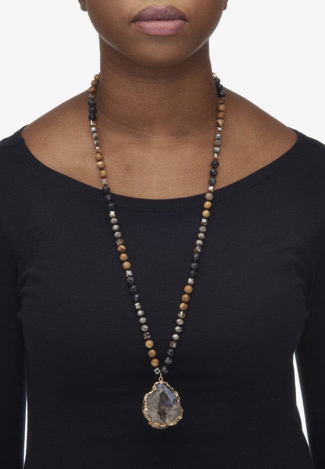 Genuine Brown Agate And Multi-Color Jasper Goldtone Drop Necklace, 32 Inches, , alternate image number 2