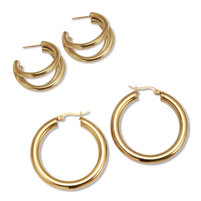 Yellow Gold Ion-Plated Stainless Steel Hoop Earring Set, GOLD, on-hover image number 1