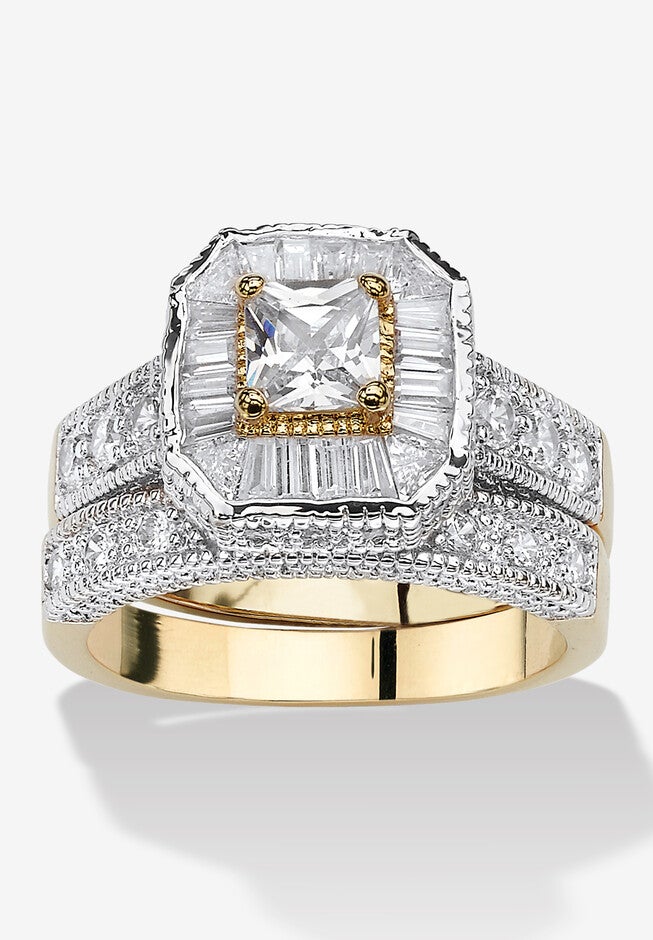 2.35 Tcw Cz Two-Tone Vintage-Style Gold-Plated 2-Piece Bridal Ring Set, BLUE, hi-res image number 0