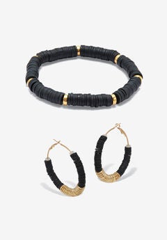 Black Disc Beaded Goldtone Hoop Earrings And Stackable Stretch Bracelet Set