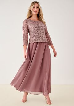 Plus Size Sequin Lace Three Quarter Sleeve A-Line Gown