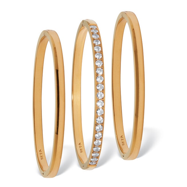 Round Crystal Yellow Gold Ion-Plated Stainless Steel Bangle Bracelet Set 7-inch, WHITE, on-hover image number 1