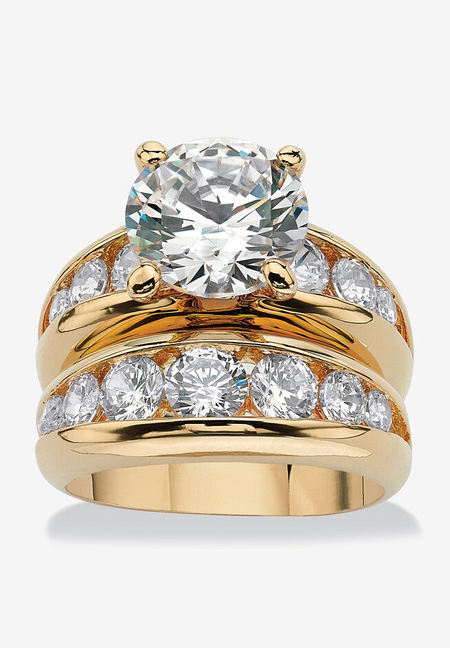 Gold-Plated Round Cubic Zirconia Bridal Ring Set, CUBIC ZIRCONIA, hi-res image number 0