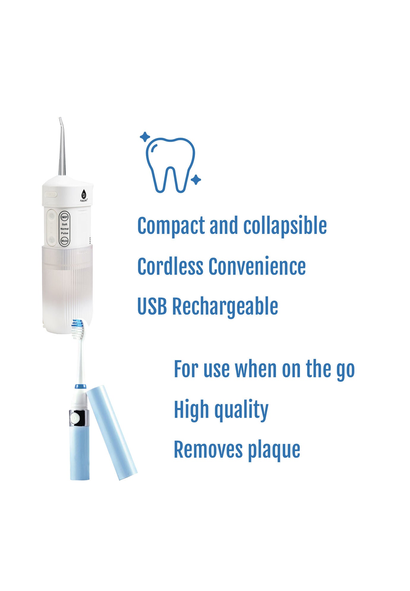 Compact Travel Oral Care Bundle: Portable Usb Rechargeable Collapsible Water Flosser And Pursonic Portable Sonic Toothbrush, , on-hover image number 1