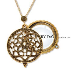 Mandala Flower Magnifying Glass Goldtone Pendant Necklace 23"