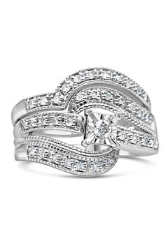 Silver 1/3 Cttw Round Diamond Crisscross Engagement Ring Bridal Set