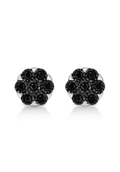 Silver 1/4 Cttw Black Diamond Cluster Flower Stud Earrings