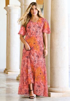 Plus Size Hand Crinkled Flutter-Sleeve Maxi Dress
