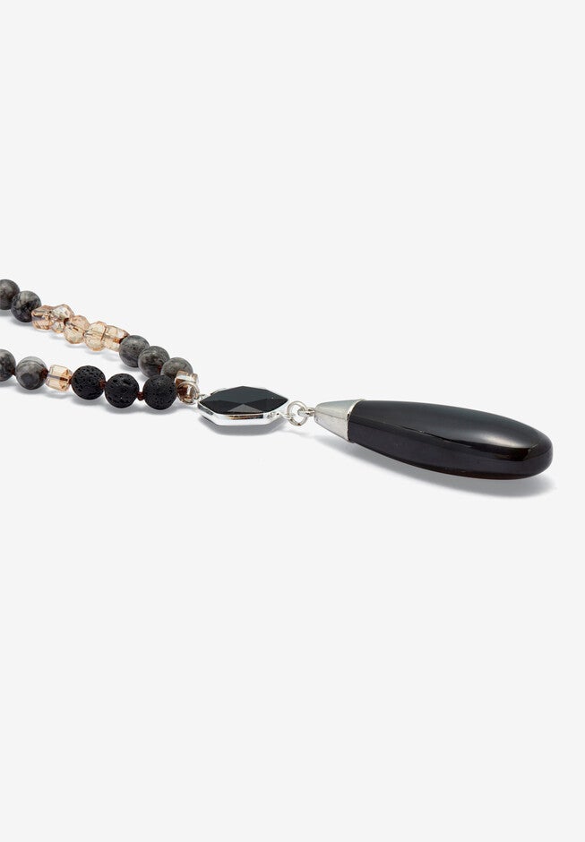 Genuine Black Agate Silvertone Drop Necklace, 32-Inch Length, , on-hover image number 1
